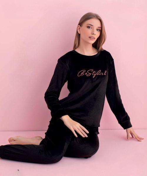 Kadın Kışlık Bisiklet Yaka Kadife Pijama Takımı 3051S - 1 Adet Siyah-S