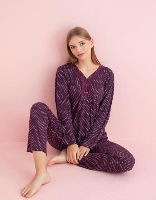 Kadın Dantel Yaka Bambu Uzun Kol Pijama Takımı 5207 - 1 Adet Mor-L