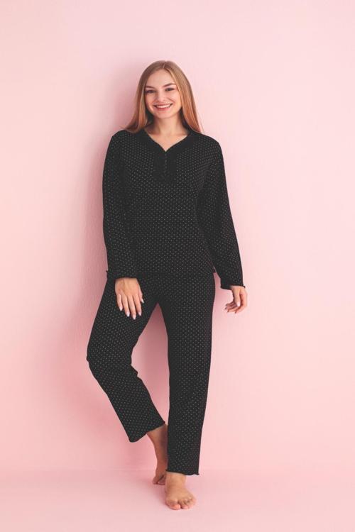 Kadın Dantel Yaka Bambu Uzun Kol Pijama Takımı 5210 - 1 Adet Siyah-L