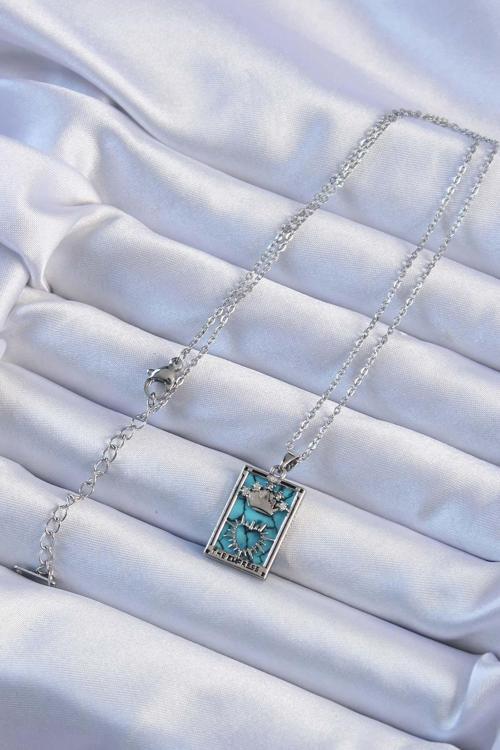 Zarif Kadın için Silver Çelik Zincir Zirkon Mavi Mermerli Tarot Kolye