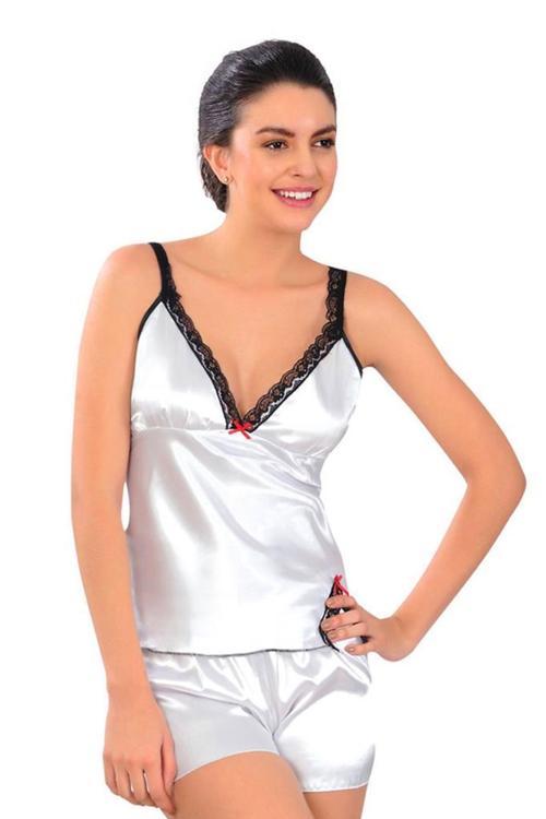 Bayan Beyaz Saten Babydoll Şortlu Takım 336