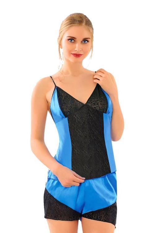 Bayan Mavi Siyah Saten Babydoll Şortlu Takım 292