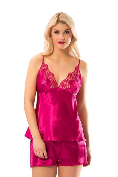 Bayan Fuşya Saten Babydoll Şortlu Takım 297