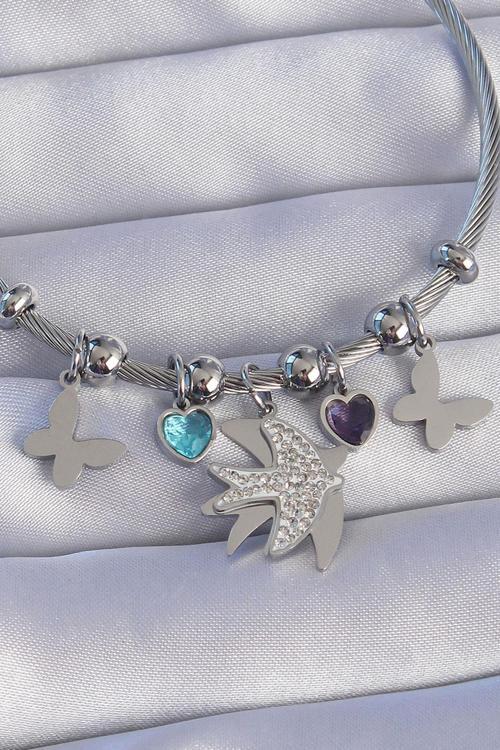 Zarif Kadın için Silver Çelik Zirkonlu Kuş Stil Kelebek Charm Bileklik