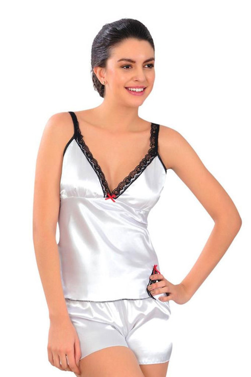 Bayan Beyaz Saten Babydoll Şortlu Takım 336
