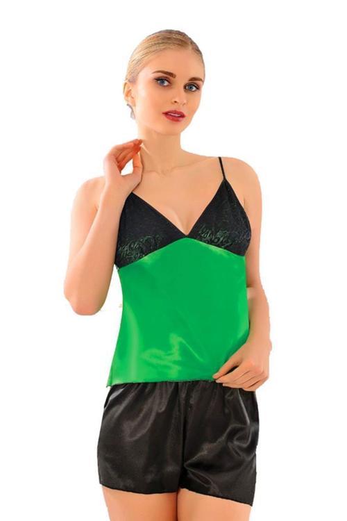 Bayan Yeşil Siyah Saten Babydoll Şortlu Takım 293