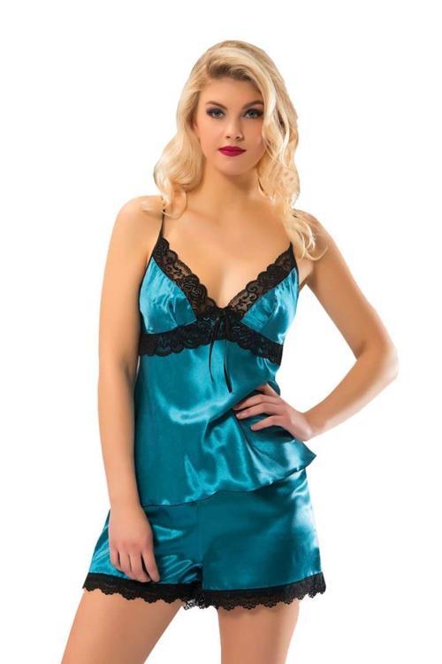 Bayan Dantelli Yeşil Saten Babydoll Şortlu Takım 298