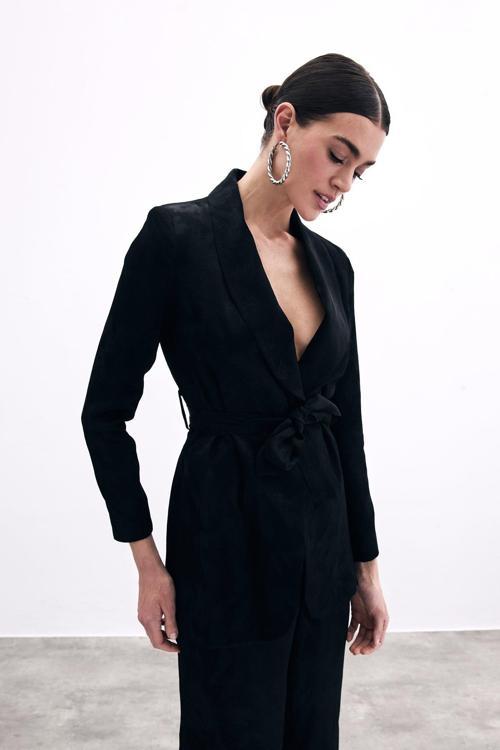 Bağlamalı Jakarlı Ceket - Siyah