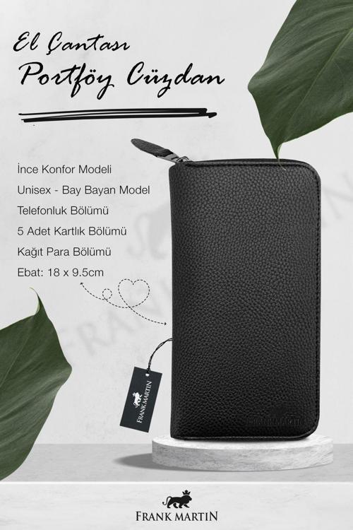 Kutulu Telefon Bölmeli Unisex Kartlıklı Telefonluk Deri Uzun Portföy Siyah Cüzdan