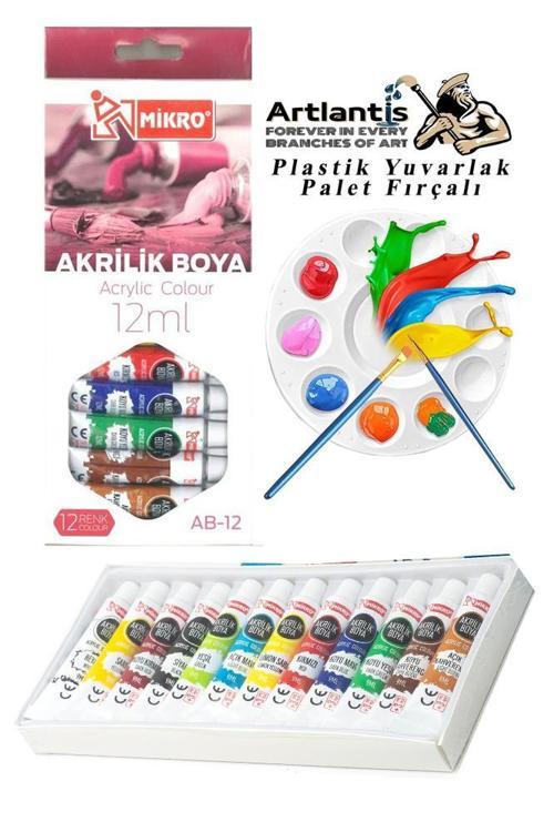 Akrilik Boya Mikro 12 Renk 12 Ml Tüp 1 Paket 12 Li Akrilik Boya Seti ve Yuvarlak 10 Hazneli Boya Paleti