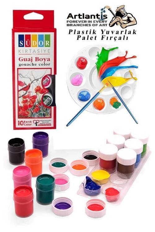 Guaj Boya 10 Renk 20 Ml Şişe 1 Paket 10 Lu Guaj Boya Seti ve Yuvarlak Resim Paleti Fırçalı 1 Paket 10 Hazneli Boya Palet