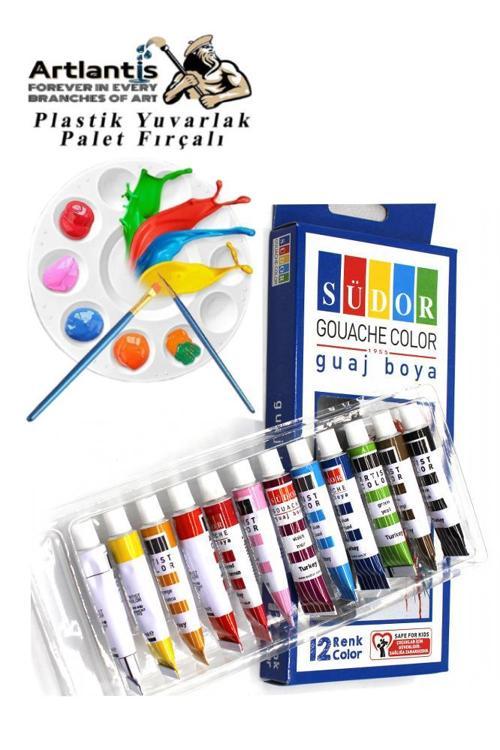 Guaj Boya 12 Renk 9 Ml Tüp 1 Paket 12 Li Guaj Boya Seti ve Yuvarlak Resim Paleti Fırçalı 1 Paket 10 Hazneli Boya Paleti