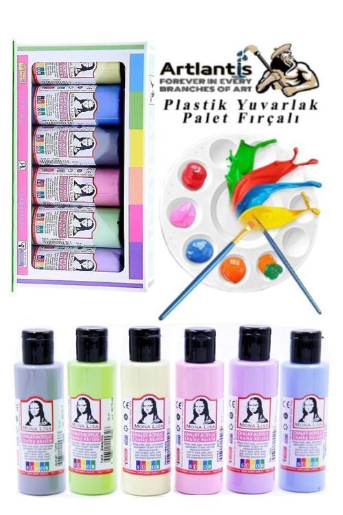 Monalisa Akrilik Boya 6 Renk x 70 ml Pastel Renkler 1 Pkt ve Yuvarlak Resim Paleti Fırçalı 1 Pkt 10 Hazneli Boya Paleti