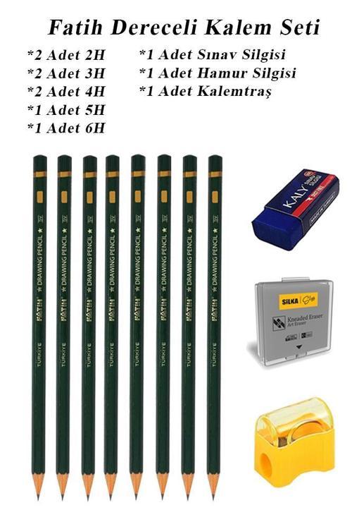 Resim Kalemi Fatih Dereceli Kalem Seti Karakalem Seti 2H 3H 4H 5H 6H 11'li Set Sınav Silgisi ve Hamur Silgi Kalemtraş