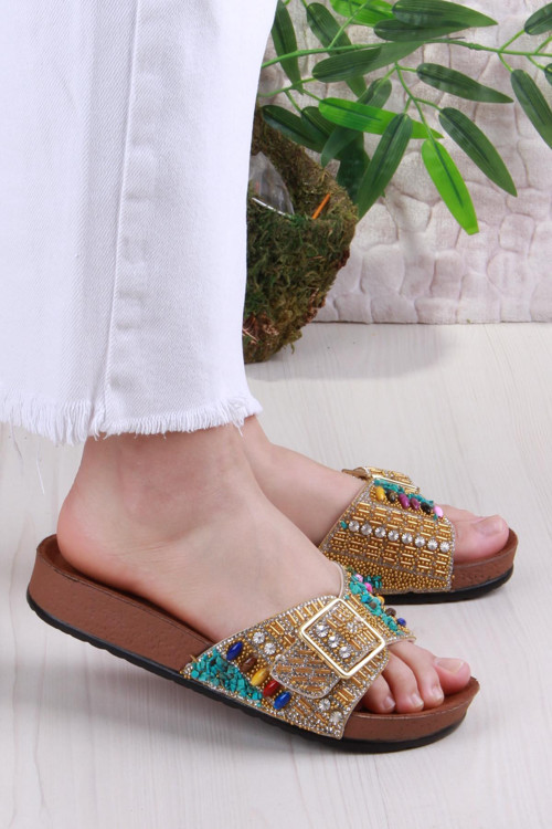 Pienn 20050 Anatomik Rahat Taşlı Boncuklu Tek Tokalı Kadın Terlik