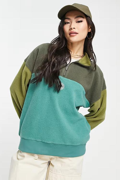 Sportswear Qz Sport Utility Fleece Turtleneck 1/2 Zip Loose Fit Büyük Beden Kadın Yarım Fermuarlı Polar Sweatshirt Haki-Yeşil