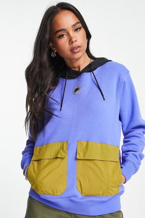 Sports Utility Fleece Oversize Hoodie Kadın Kapüşonlu Geniş Kalıp Sweatshirt Mavi-Yosun Beji
