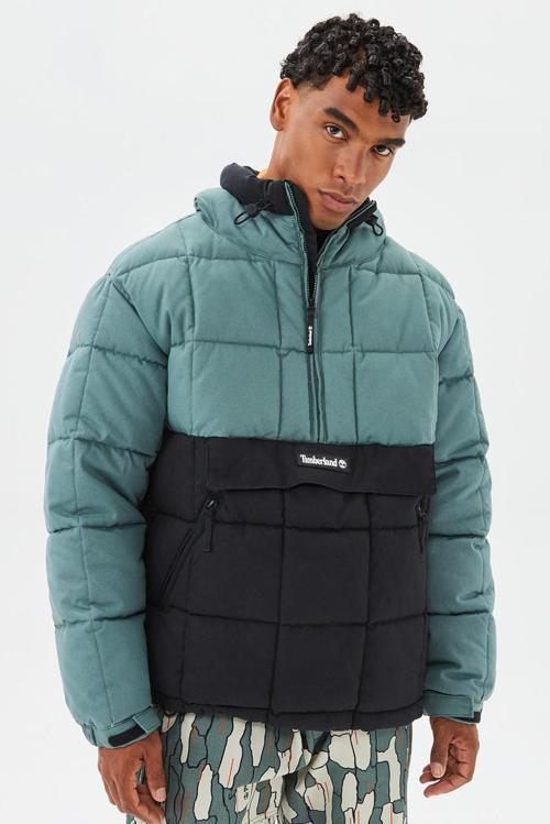 Progressive Utility Pullover Puffer Erkek 1/2 Fermuarlı Kapüşonlu Şişme Mont Siyah-Yeşil
