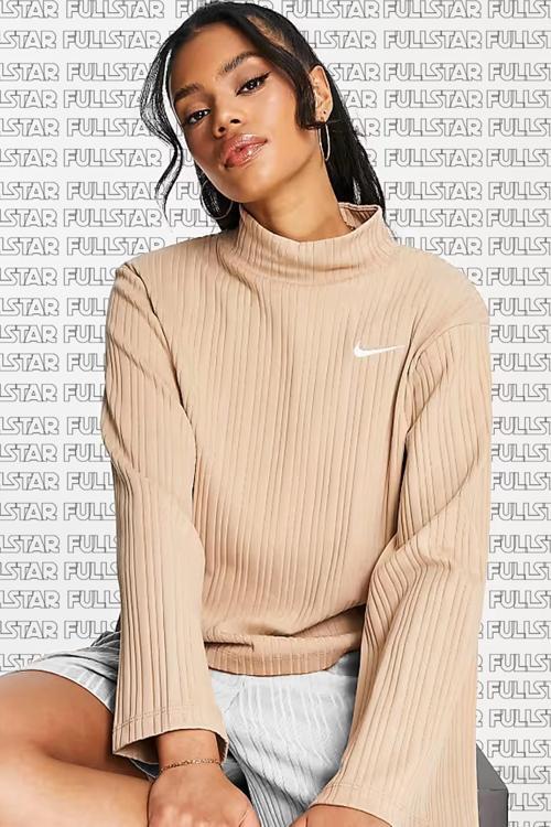 Sportswear Ribbed Jersey Wide Long Sleeve Fitilli Kadın Seatshirt Krem