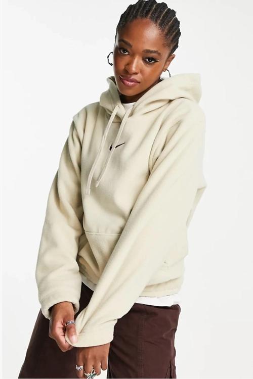 Sportswear Pullower Oversize Hoodie Kadın Geniş Kalıp Peluş Kapüşonlu Sweatshirt Krem