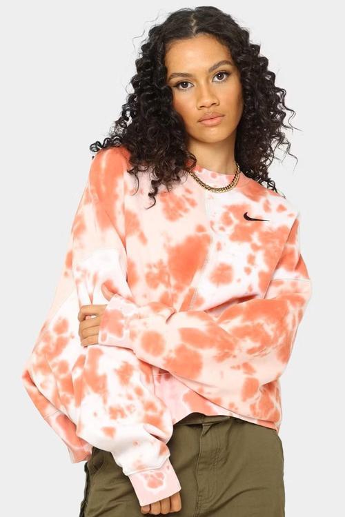 Sportswear Oversized Fleece Tie Dye Crewneck Kadın Geniş Kalıp Sweatshirt Beyaz Pembe