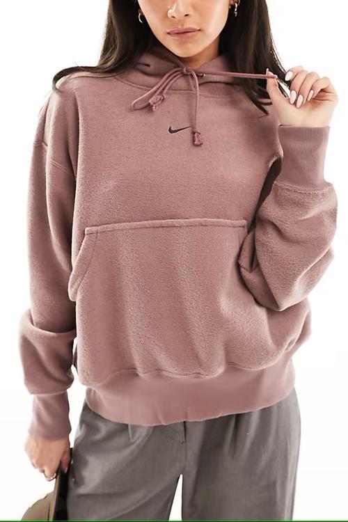 Sportswear Phoenix Plush Oversize Hoodie Kadın Peluş Kapüşonlu Sweatshirt Yıldız Moru Kahve