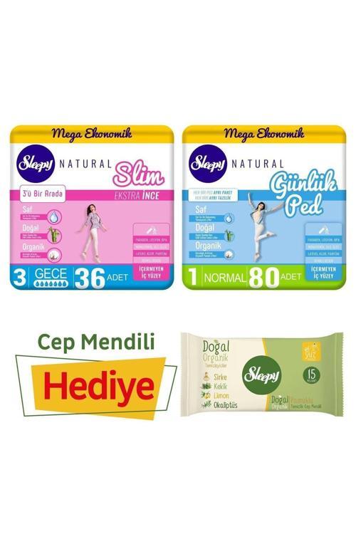 Natural Slim Gece Hijyenik Ped 36'Lı Günlük Ped Normal 80'Li - Cep Mendili Hediyeli
