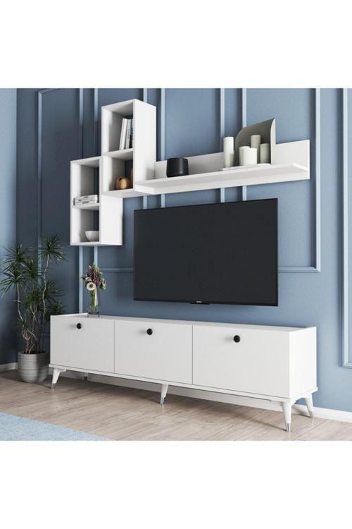 Mt1 Mira Duvar Raflı Tv Sehpası - Kitaplıklı Tv Ünitesi Modern Beyaz