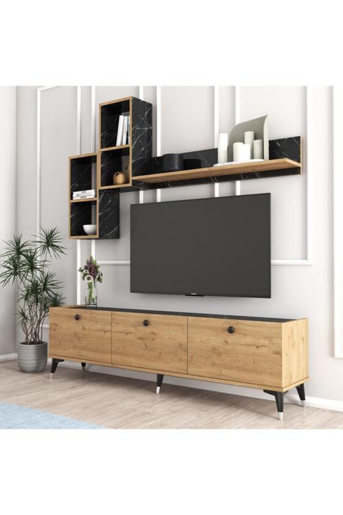 Mt2 Mira Raflı Tv Sehpası - Kitaplıklı Tv Ünitesi Modern Sepet-bendir /mermer Desenli