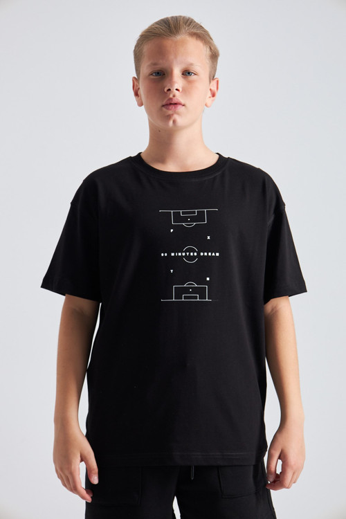 Futbol Sahası Desenli %100 Pamuk Erkek Oversize Tişört