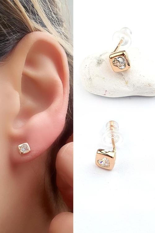 İtalyan 925ayar Gümüş Üzerine Rose  Altın Kaplama Kalp Şeklinde Zirkon Taşlı Minimal Küpe