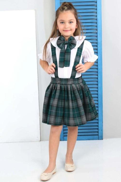 Kız Çocuk Kolları Fırfırlı Bebe Yaka Gömlek Üzeri Kare Çizgili Etekli Yeşil Salopet Takım