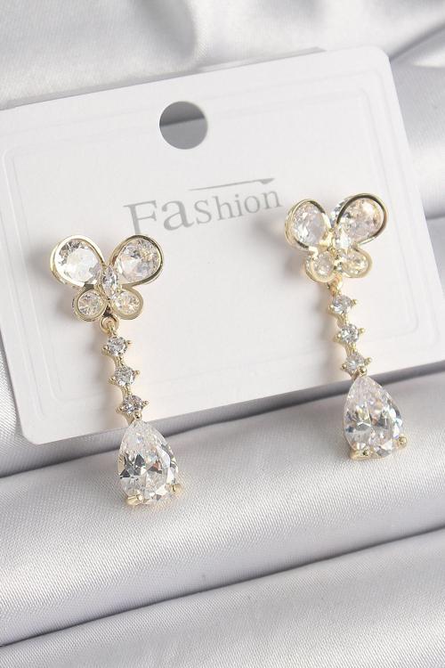 Zarif Kadın için Golden Pirinç Zirkonlu Kelebek Damla Küpe