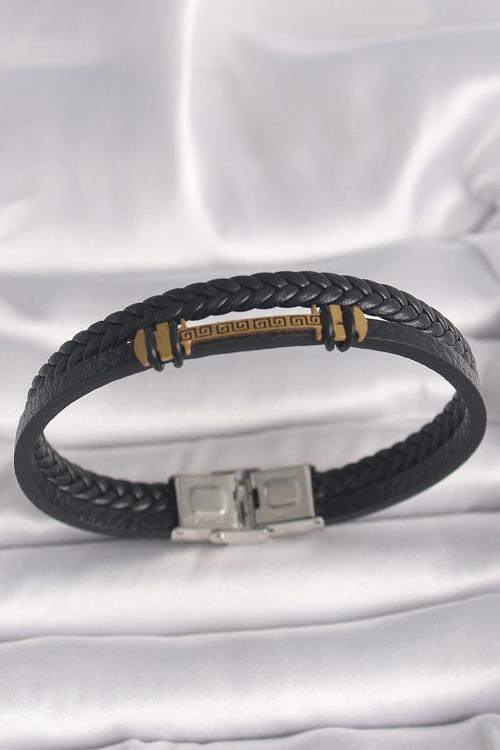 316L Çelik Gümüş Renk Aksesuarlı Çift Sıra Siyah Burgu Desen Deri Kordon Erkek Bileklik - TJ-EB3704
