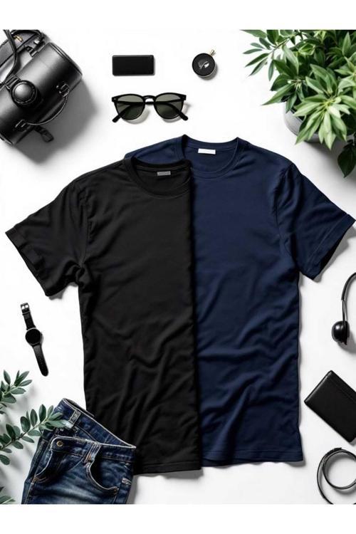 Erkek Siyah-Lacivert Renk %100 Pamuk Slim Fit T-Shirt 2 Li Paket