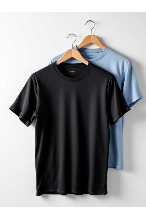 Erkek Siyah-Mavi %100 Pamuk Slim Fit T-Shirt 2 Li Paket