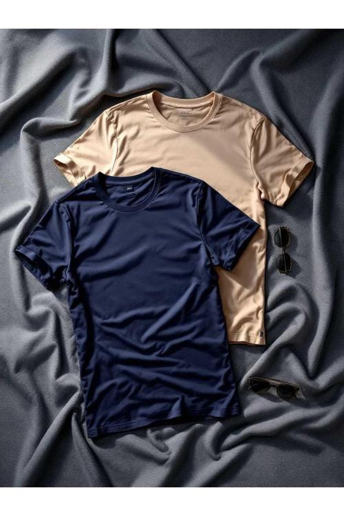 Erkek Lacivert-Bej Renk %100 Pamuk Slim Fit T-Shirt 2 Li Paket