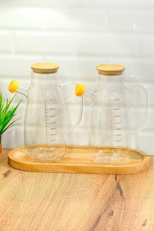 Bambu Kapaklı Vakumlu Borosilikat 2'Li Set Cam Yağlık Sirkelik