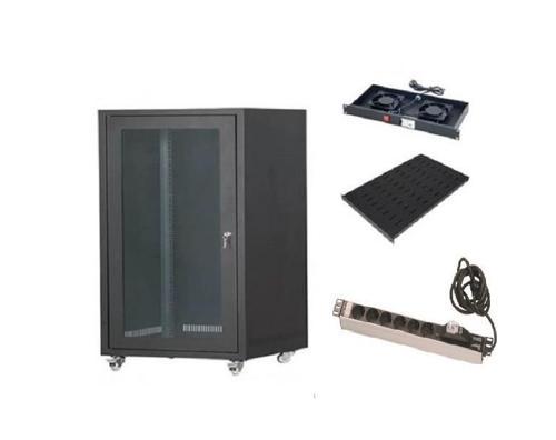 19'' 16U 600X600 CAMLI TEKERLEKLİ RACK KABİNET+FAN+SABİT RAF+PRİZ