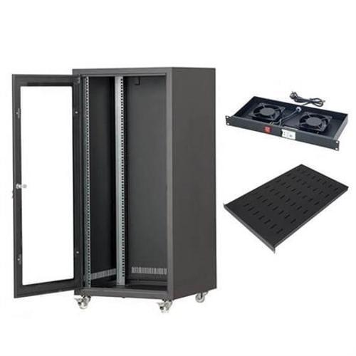 16U 600X800 CAMLI TEKERLEKLİ RACK KABİNET+SABİT RAF+2Lİ FAN MODÜLÜ