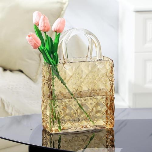 Çanta Vazo Köşeli Model Cam Çiçek Vazosu Dekoratif Bal Amber Vazo Büyük Boy Glass Bag Vase