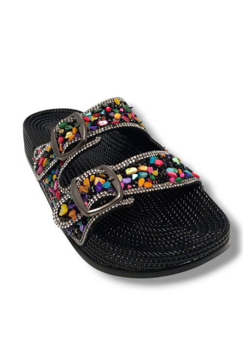 20057-001 Anatomik Fashion Taşlı Kadın Terlik Siyah Multi