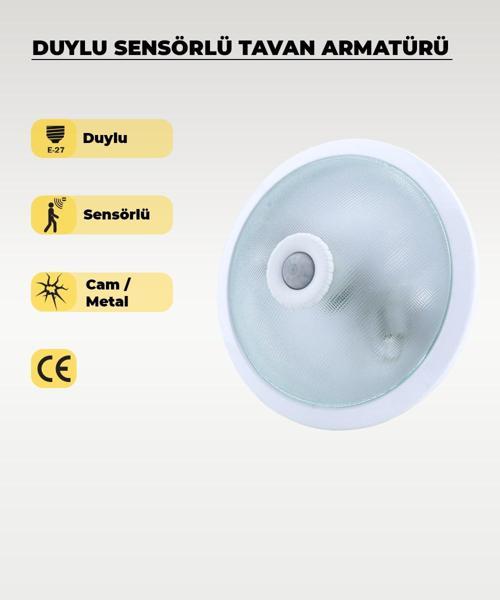 2 x E-27 Duylu Sensörlü Tavan Armatürü Cam / Metal