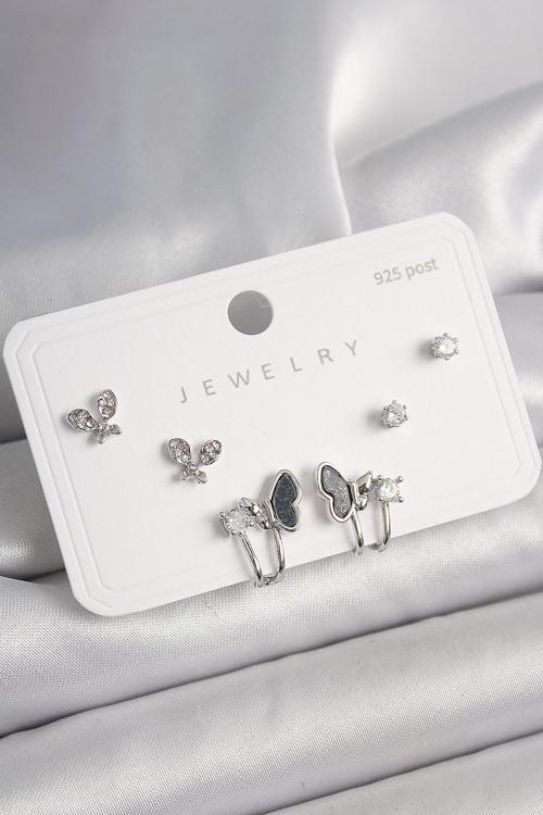 925 Ayar Gümüş Çivi Pirinç Gümüş Renk Zirkon Taşlı Kelebek Model Kadın Küpe Seti