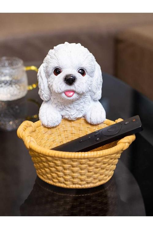 Yeni Sevimli Sepetli Beyaz Köpekcik, Dekoratif Biblo, Kumandalık, Sunumluk