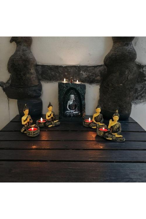 Yogacı Buda Geri Akış Tütsü Ve Yogacı Budalar Mumluk  5 Parça Seti