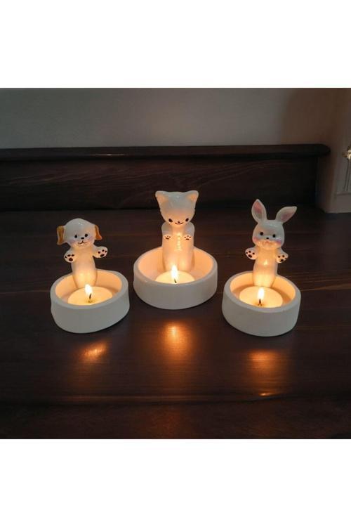 Dekoratif Ateş Başında Isınan Kedi Köpek Ve Tavşan Tealight Mumluk
