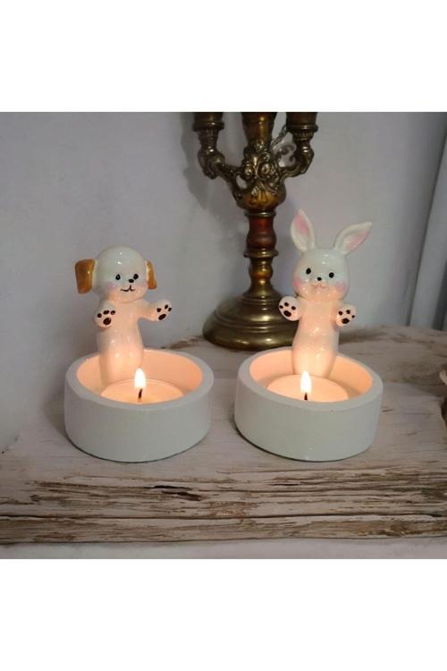 Dekoratif Ateş Başında Isınan Köpek Ve Tavşan Seti Tealight Mumluk