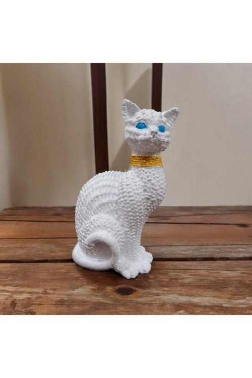 Hasır Desenli Beyaz Kedi Biblo