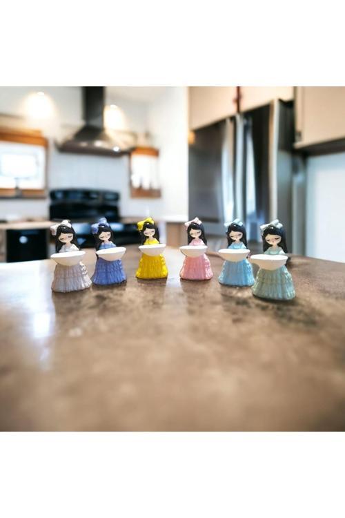 Lokumcu Kız Renkli Fiyonklu Kahve Yanı Sunumluk Lokumluk Şekerlik 6 Lı Pastel